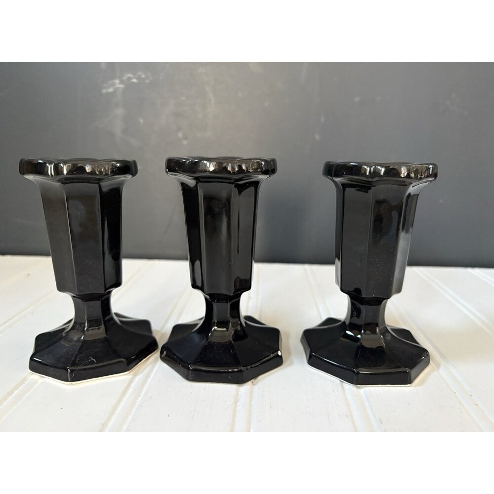Vintage Made in Japan CCCC Brand Black Porcelain Candlestick Holders - 3 Total